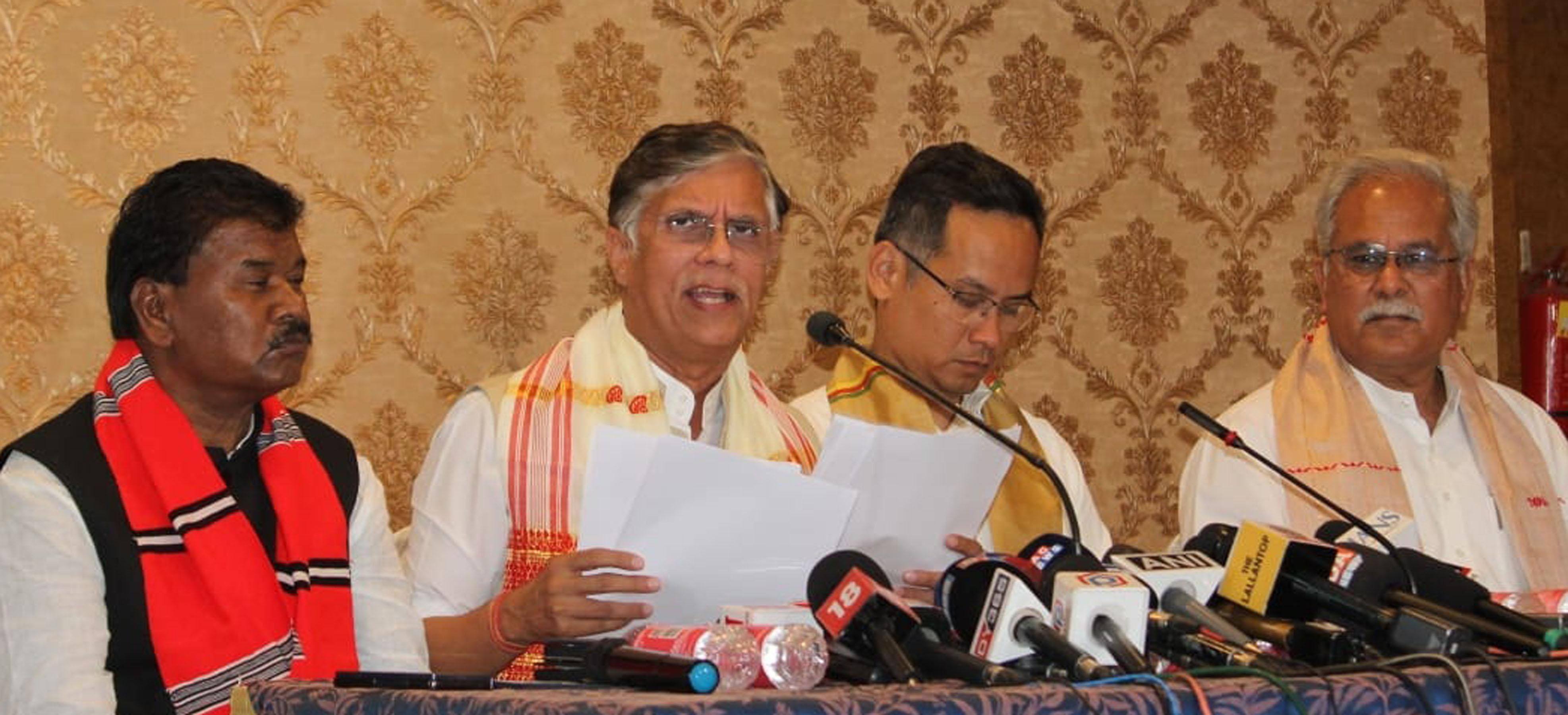 Pawan Khera, Chairman of the Media Department, AICC, addresses a press conference in the presence of Gaurav Gogoi, President of APCC, and Bhupesh Baghel, at Guwahati on April 5, 2026. (Pix by UB Photos)