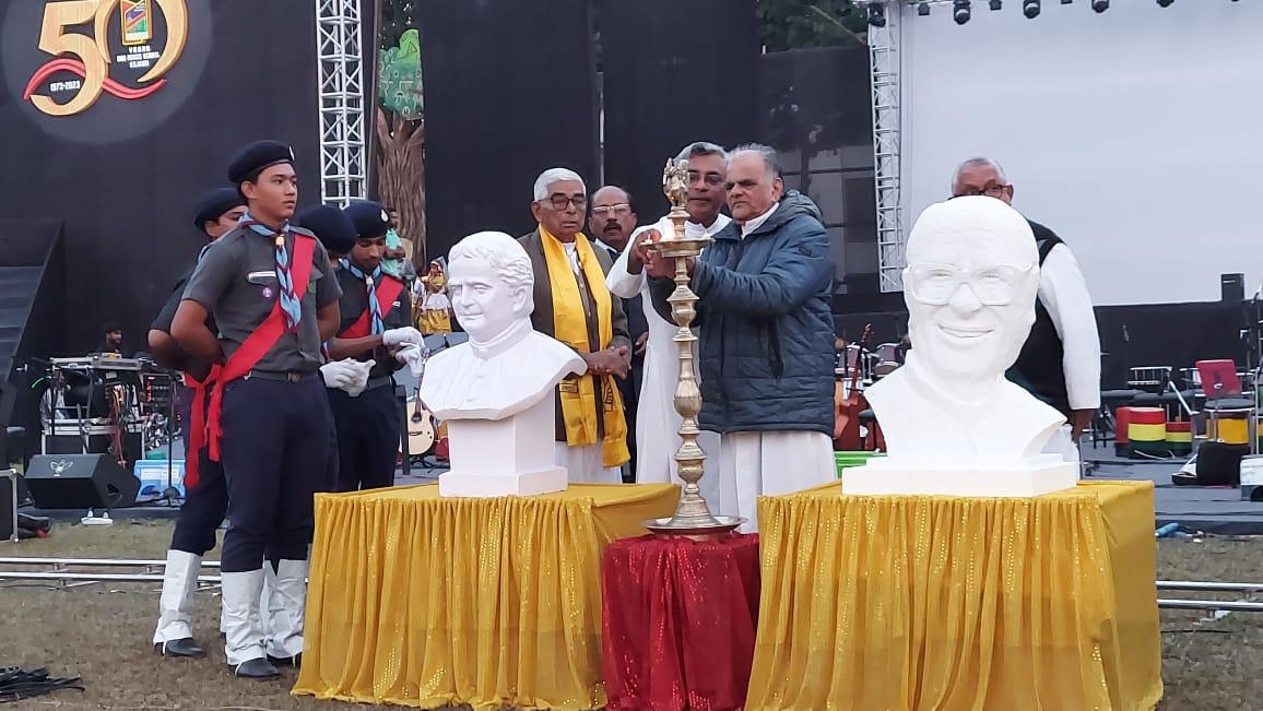 Former Provincial Fr K.A. Joseph inaugurates jubilee mega event, 18th December 2023 with homage to Don Bosco and Pioneer Fr Paul Taverna.