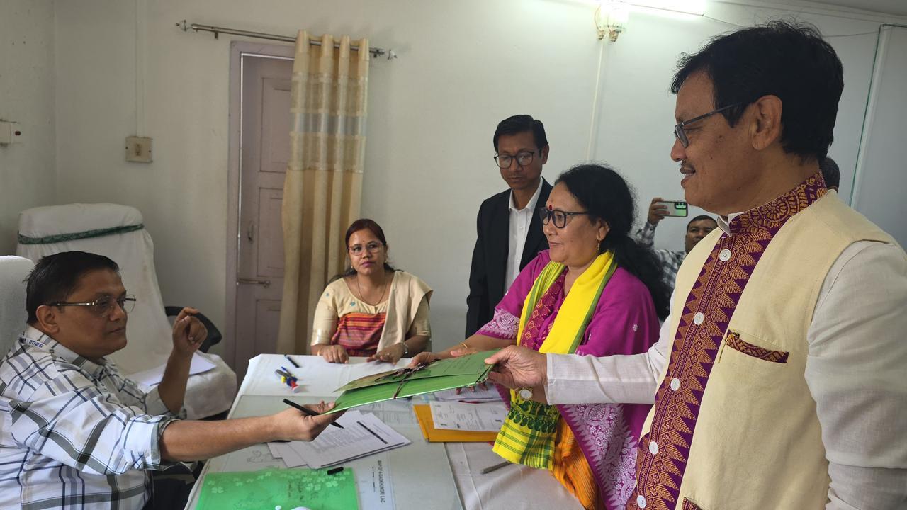 UPPL candidate Pratibha Brahma submits her nomination papers for the Baokhungri LAC at the District Election Office in Kokrajhar on Monday.