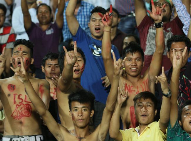 Fans during match 2 of the Hero Indian Super League between NorthEast United FC and Kerala Blasters FC held at the Indira Gandhi Stadium, Guwahati, India on October 13, 2014.  Photo by: Saikat Das/ ISL/ SPORTZPICS 