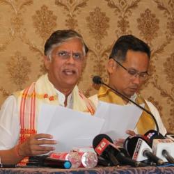 Pawan Khera, Chairman of the Media Department, AICC, addresses a press conference in the presence of Gaurav Gogoi, President of APCC, and Bhupesh Baghel, at Guwahati on April 5, 2026. (Pix by UB Photos)
