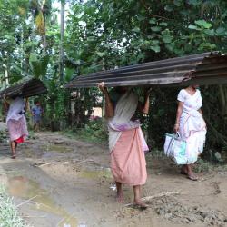 Fresh effort: Women heading home to build their ravaged homes afresh in Guri Jan Gohain Village, Gogamukh in Dhemaji District on Thursday. Photo by UB Photos