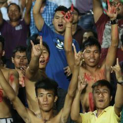 Fans during match 2 of the Hero Indian Super League between NorthEast United FC and Kerala Blasters FC held at the Indira Gandhi Stadium, Guwahati, India on October 13, 2014.  Photo by: Saikat Das/ ISL/ SPORTZPICS 