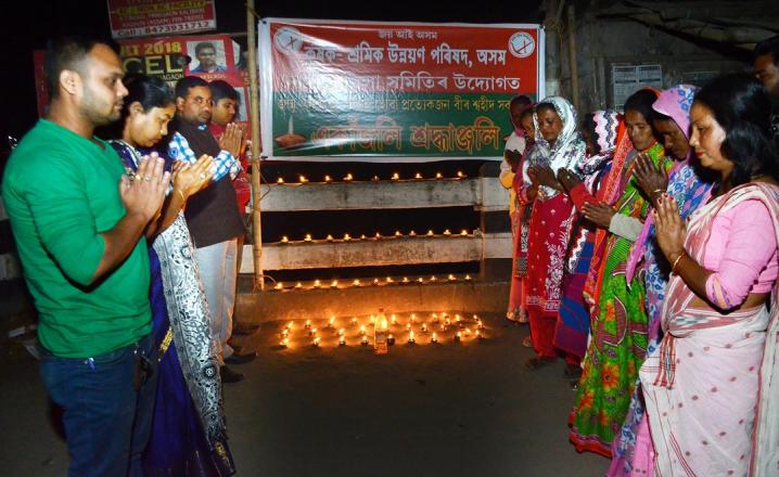 Tribute paid to CRPF jawans killed in Kashmir by terrists atatck by Kishak sramil unyan parishad at Nagaon on Friday. Photo: UB Photos