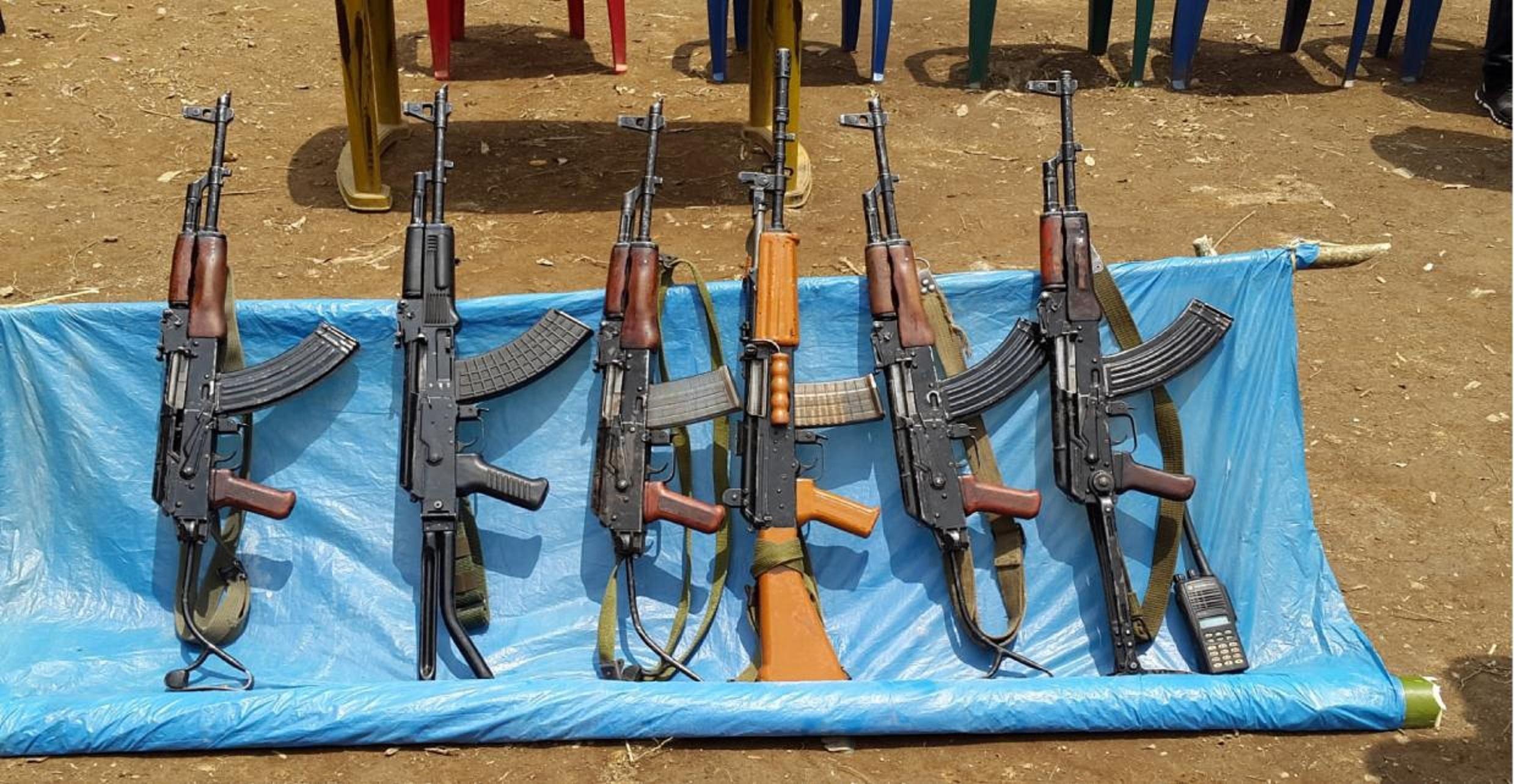 The 6 assault rifles seized from 23 Assam Rifles along with a wireless set by UNLFW during what is calls, 'Operation Changlangshu,' in Mon, Nagaland, Sunday, May 3, 2015.  Photo: UNLFW