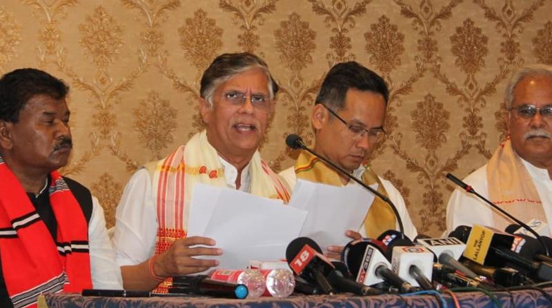 Pawan Khera, Chairman of the Media Department, AICC, addresses a press conference in the presence of Gaurav Gogoi, President of APCC, and Bhupesh Baghel, at Guwahati on April 5, 2026. (Pix by UB Photos)