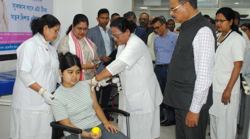 Chandra Mohan Patowary, Minister of Environment & Forests and Welfare, along with MP Bijuli Kalita Medhi, at the State Launch of the HPV Vaccination Campaign at Maternity & Child Hospital, Gauhati Medical College and Hospital, Bhangagarh, Guwahati, on February 28, 2026. The National and State Launch was virtually inaugurated by Prime Minister Narendra Modi. (Pix by UB Photos)