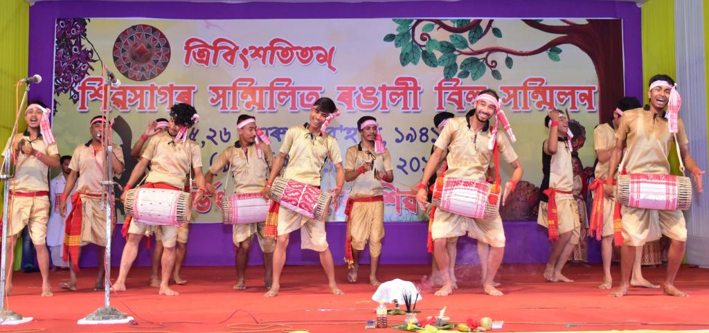 Bihu troupe performs Sanmilita Rongali Bihu Sanmilan at Sivsagar.