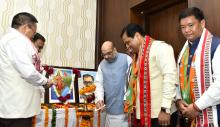 BJP president Amit Shah lightning the inaugural lamp of the 2nd Conclave of North-East Democratic Alliance (NEDA), in New Delhi on Tuesday Photo by UB Photos