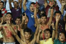 Fans during match 2 of the Hero Indian Super League between NorthEast United FC and Kerala Blasters FC held at the Indira Gandhi Stadium, Guwahati, India on October 13, 2014.  Photo by: Saikat Das/ ISL/ SPORTZPICS 