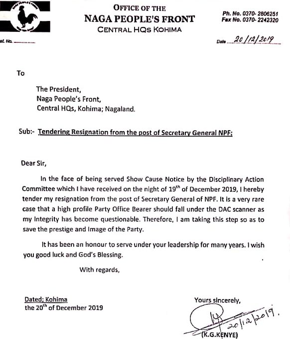 Nagaland Rajya Sabha MP resings