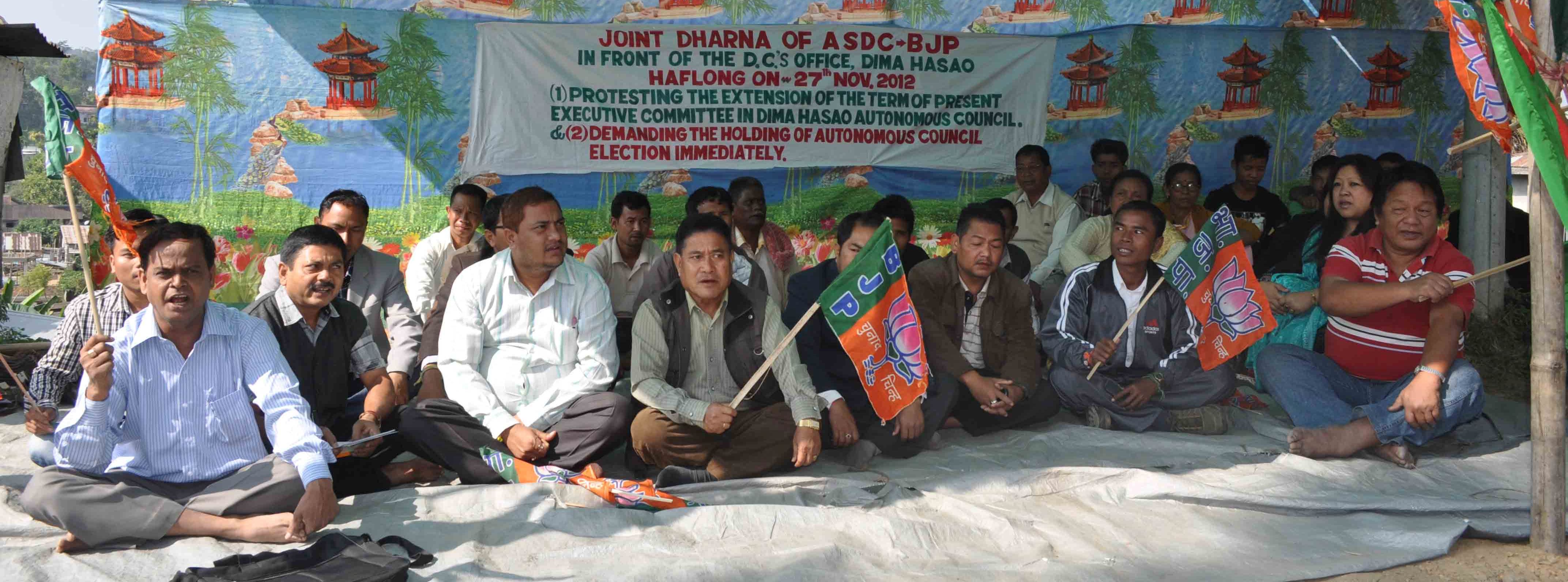 ASDC-BJP stage Dharn at Haflong